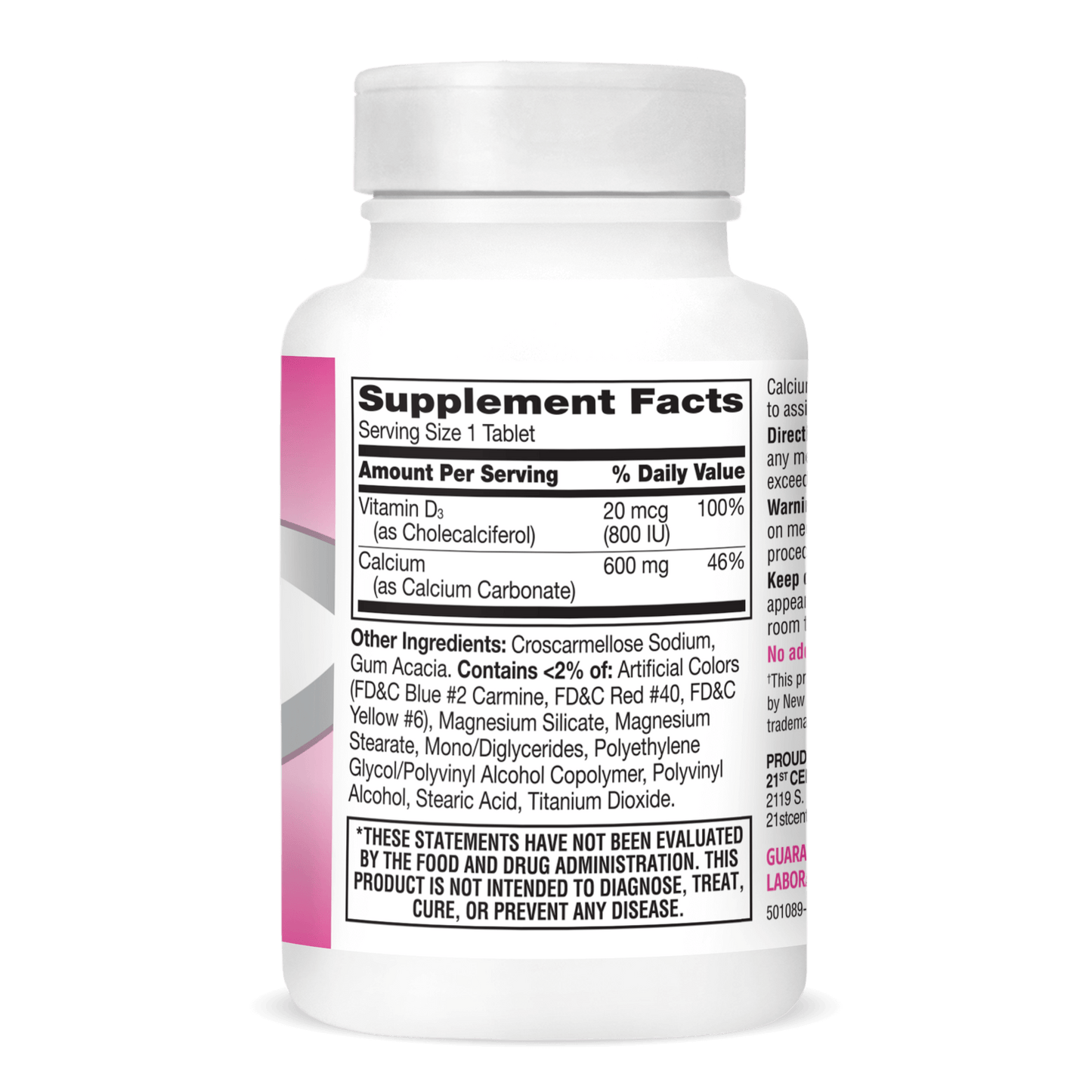 Left side bottle view of 21st Century Calcium 600 plus D3 tablets.