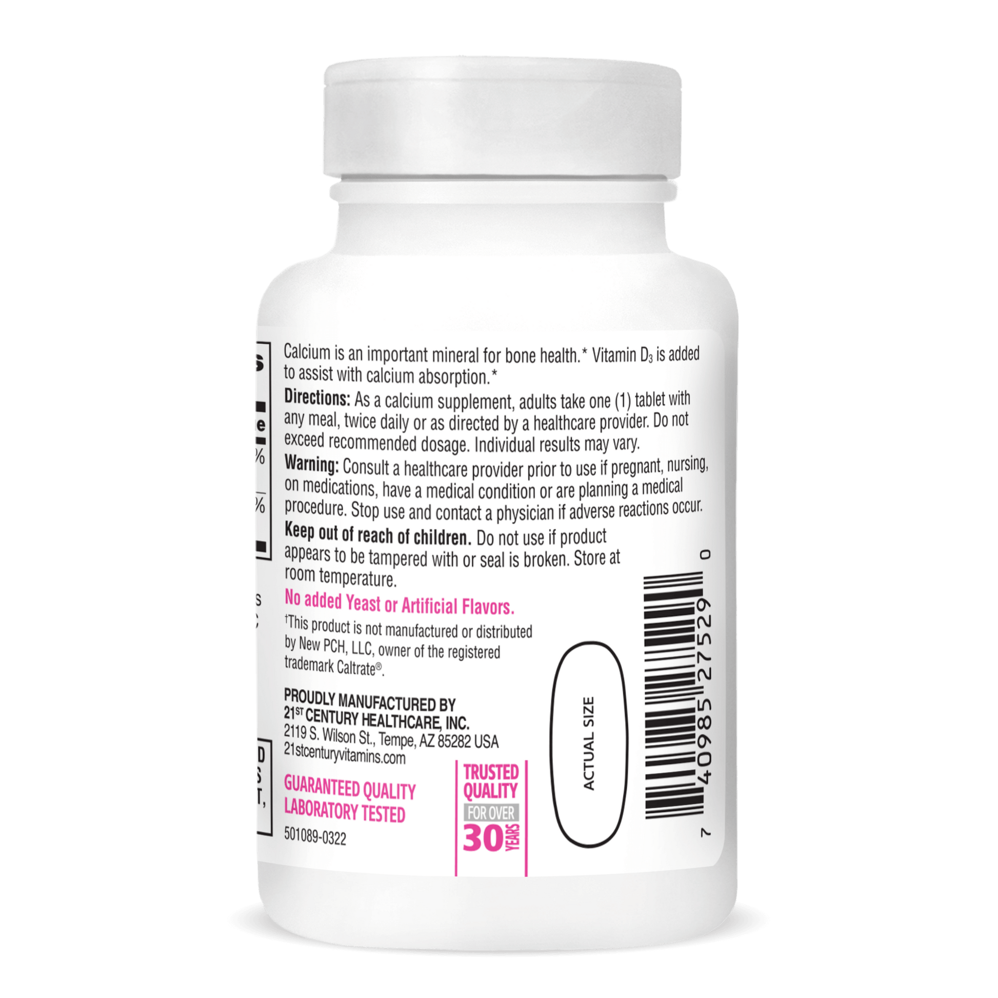 Right side bottle view of 21st Century Calcium 600 plus D3 tablets.