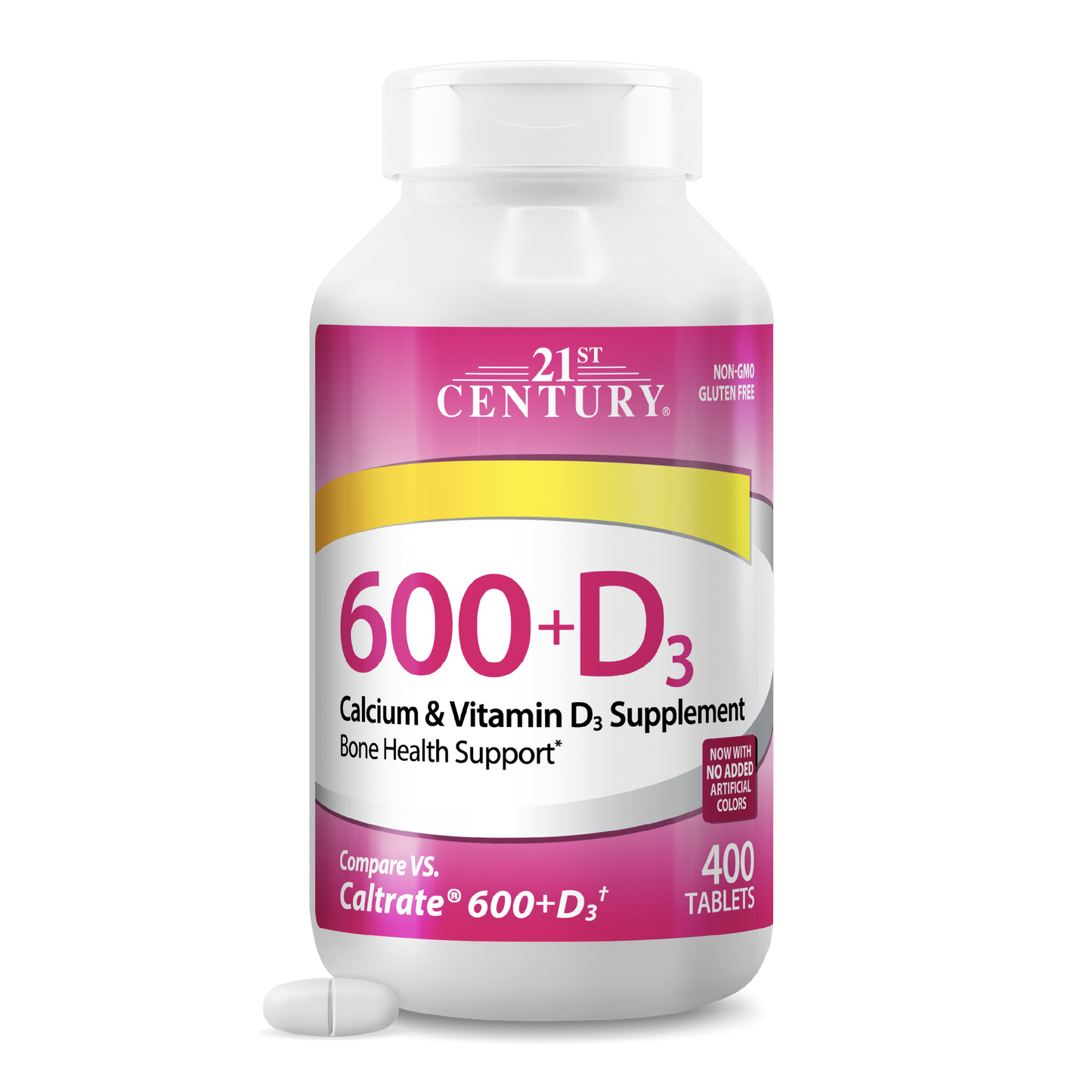 Supplement bottle labeled '21st Century 600+D3' on a white background