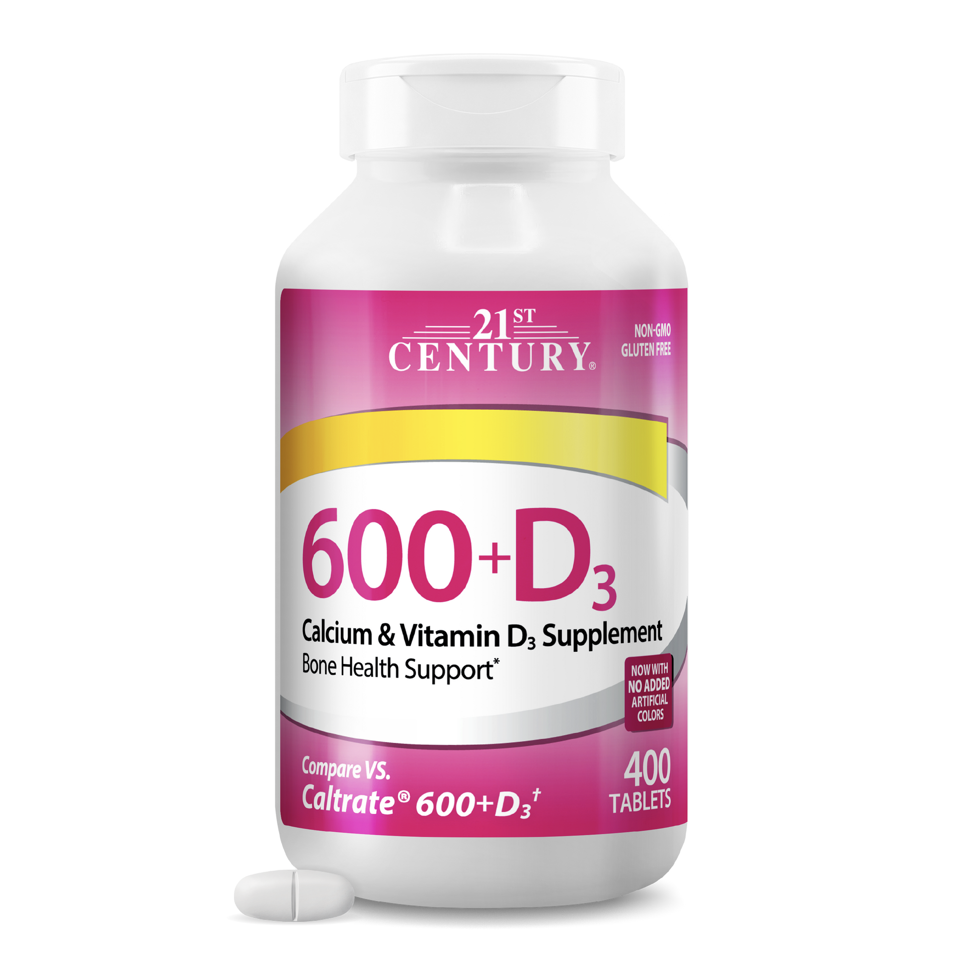 Supplement bottle labeled '21st Century 600+D3' on a white background