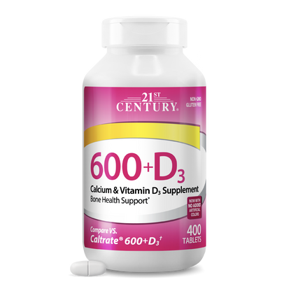 Supplement bottle labeled '21st Century 600+D3' on a white background
