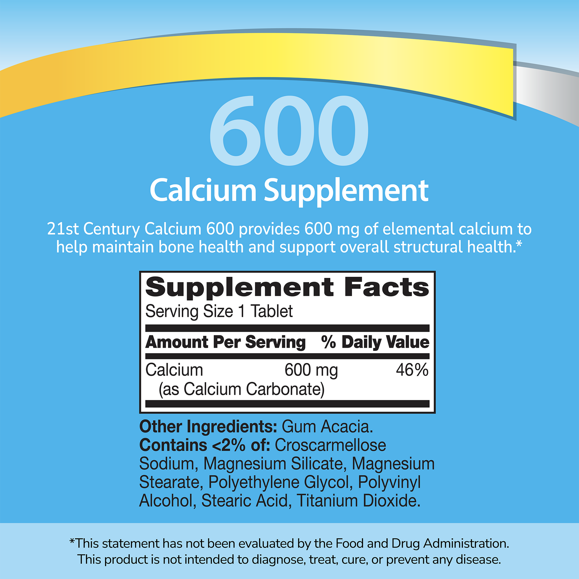 Supplement label for 21st Century Calcium 600 on a blue background