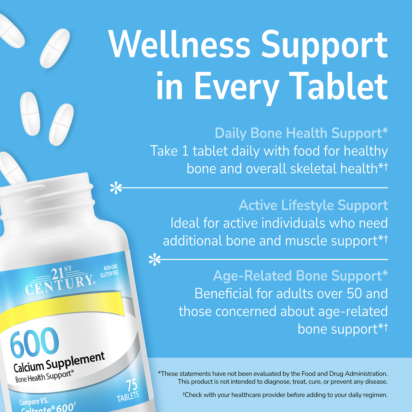 21st Century calcium supplement bottle with text on a blue background