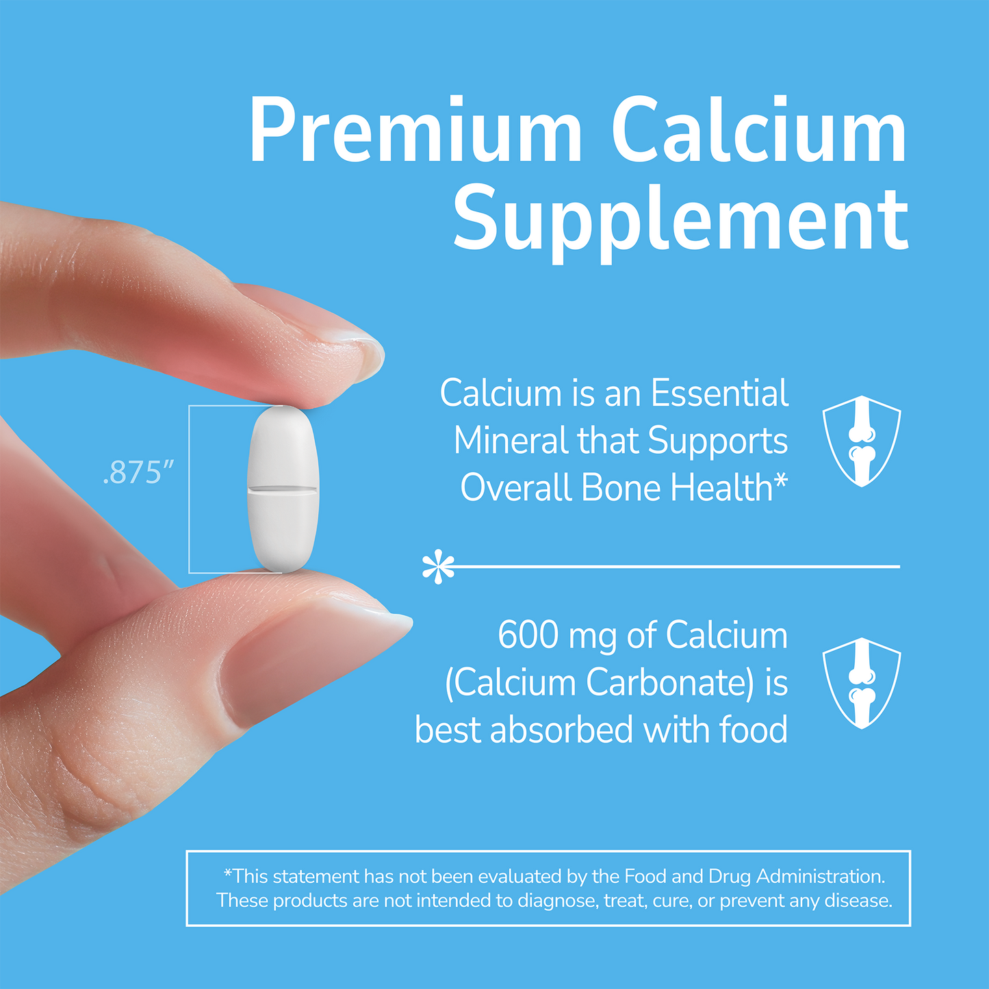 Hand holding a calcium supplement with text about calcium benefits on a blue background