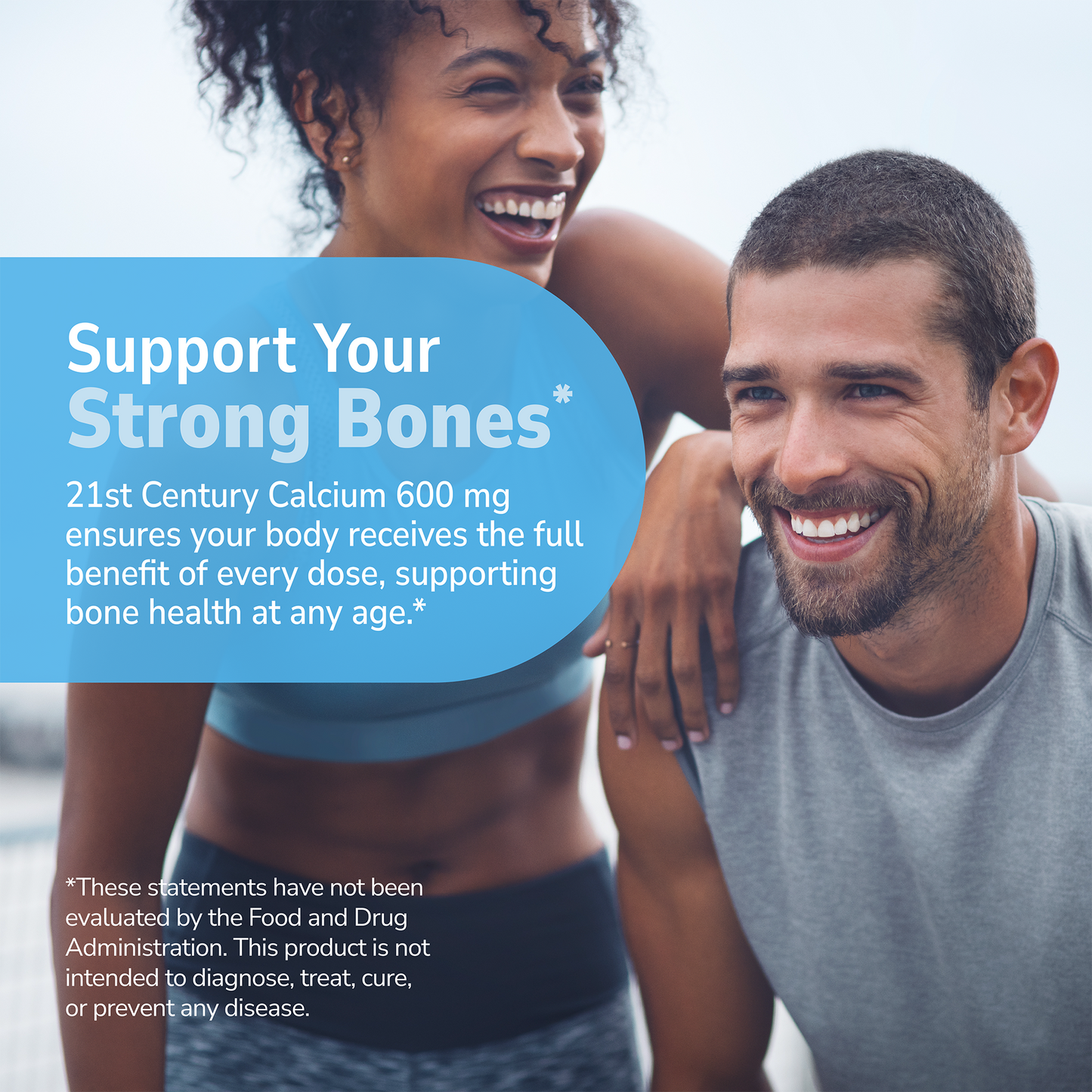 Man and woman smiling outdoors with a product advertisement overlay.
