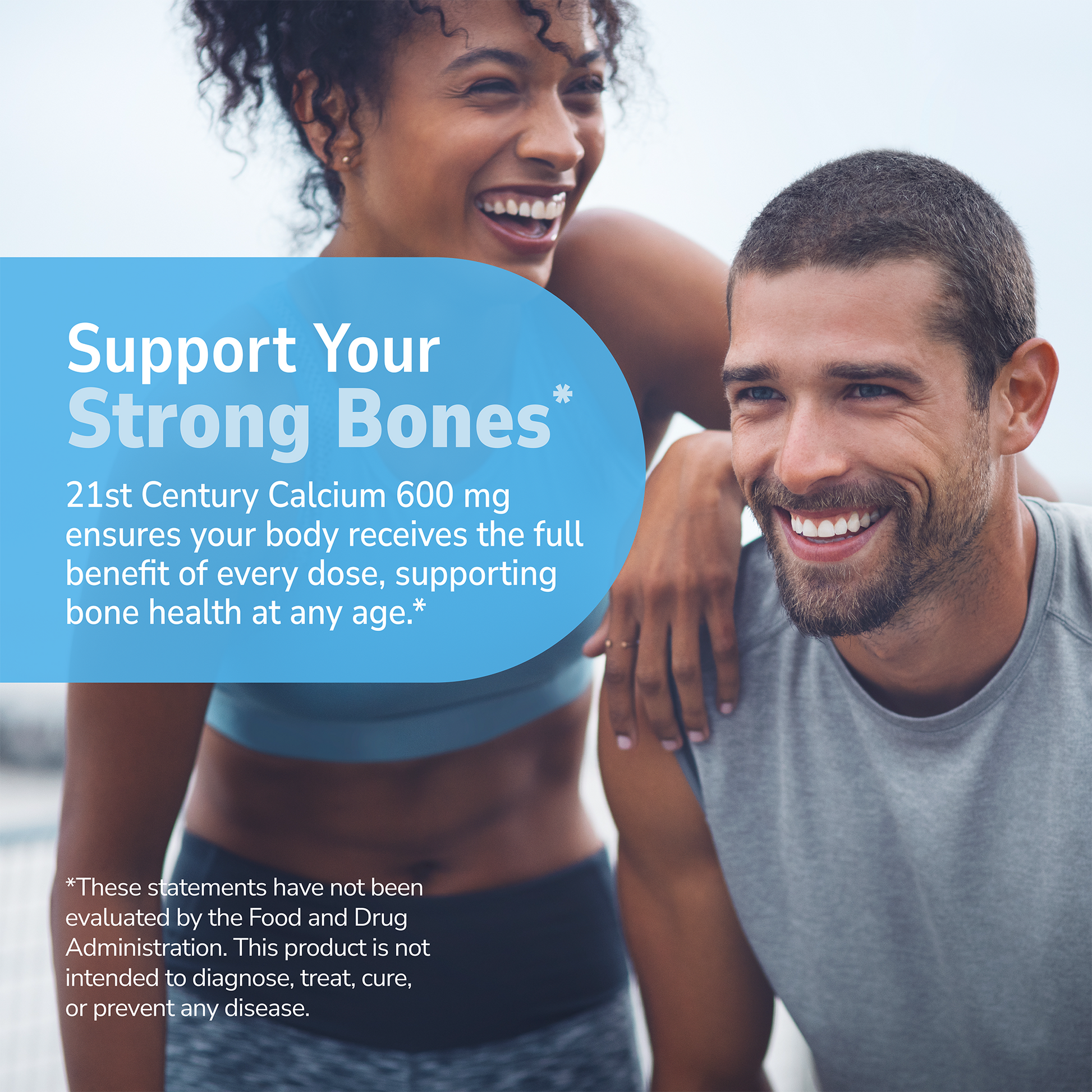 Man and woman smiling outdoors with a product advertisement overlay.