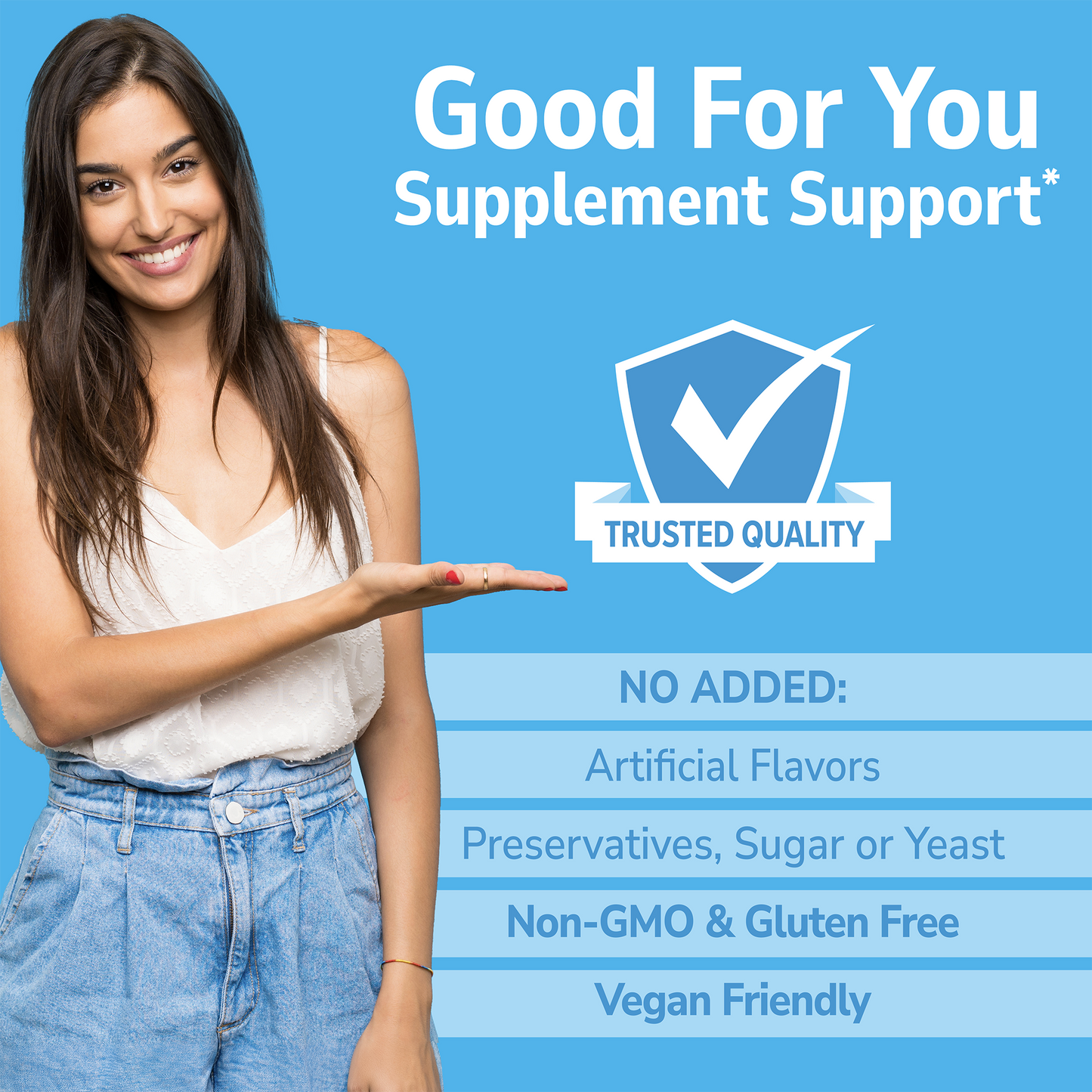 Woman holding a supplement package with 'Good For You' branding on a blue background