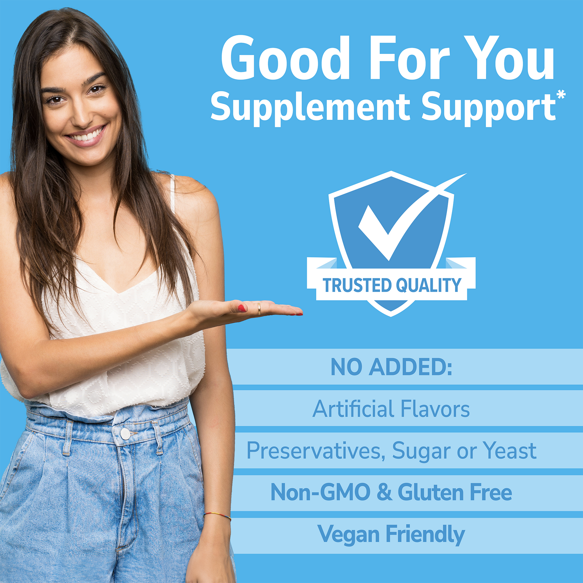 Woman holding a supplement package with 'Good For You' branding on a blue background