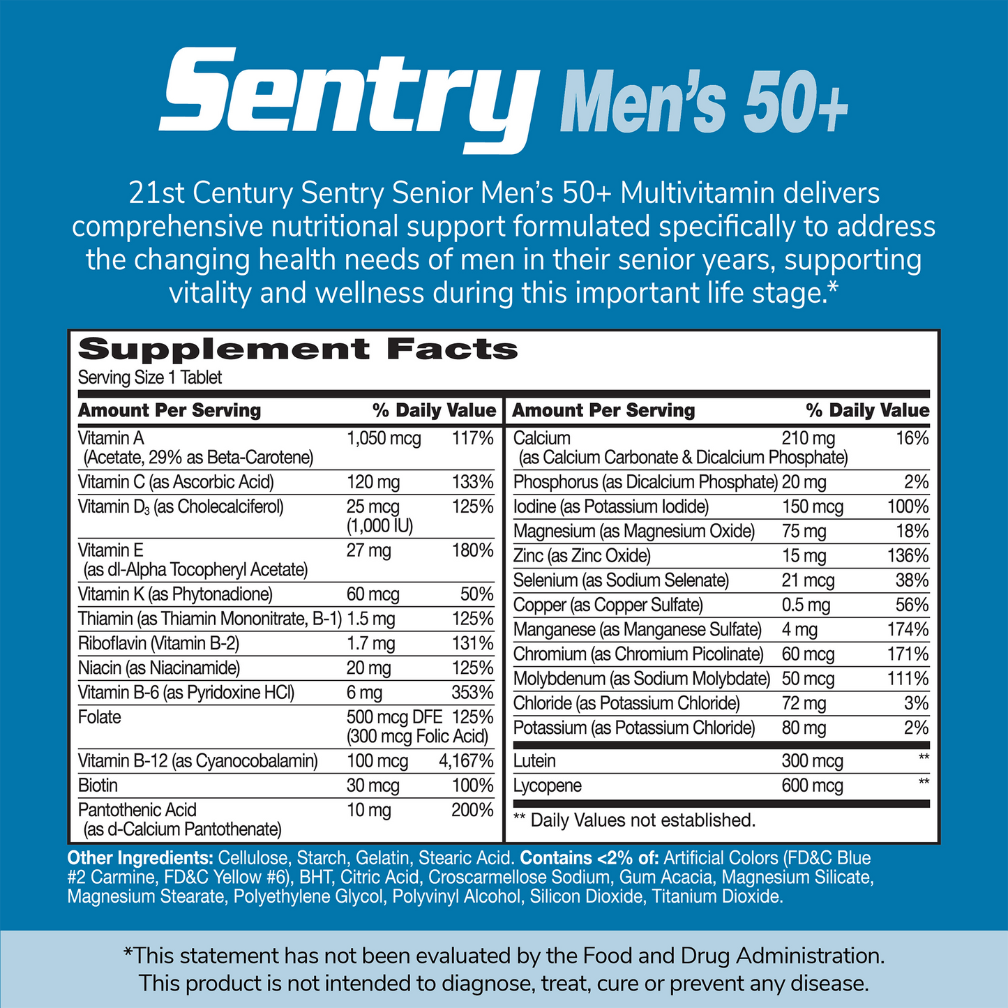 An image of Sentry Senior Men's 50+ supplement facts panel with the claim 21st Century Sentry Senior Men's 50+ multivitamin delivers comprehensive nutritional support formulated specifically to address the changing health needs of men in their senior years, supporting vitality and wellness during this important life stage.
