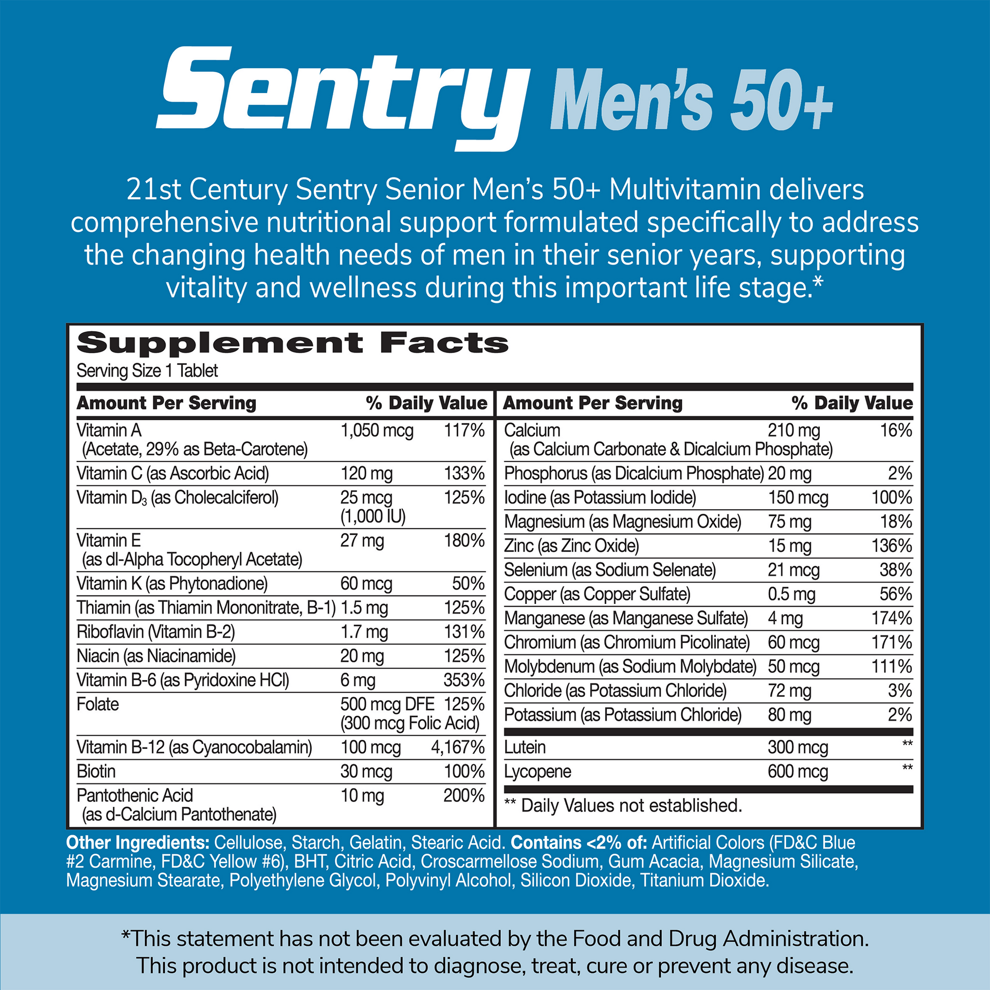 An image of Sentry Senior Men's 50+ supplement facts panel with the claim 21st Century Sentry Senior Men's 50+ multivitamin delivers comprehensive nutritional support formulated specifically to address the changing health needs of men in their senior years, supporting vitality and wellness during this important life stage.