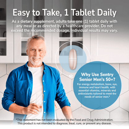 An image of a senior man in a kitchen holding a glass of water, the claims why use sentry senior men's 50+, for energy metabolism, bone, eye, immune and heart health, with essential vitamins, minerals and antioxidants tailored to meet the needs of senior men, and product directions.