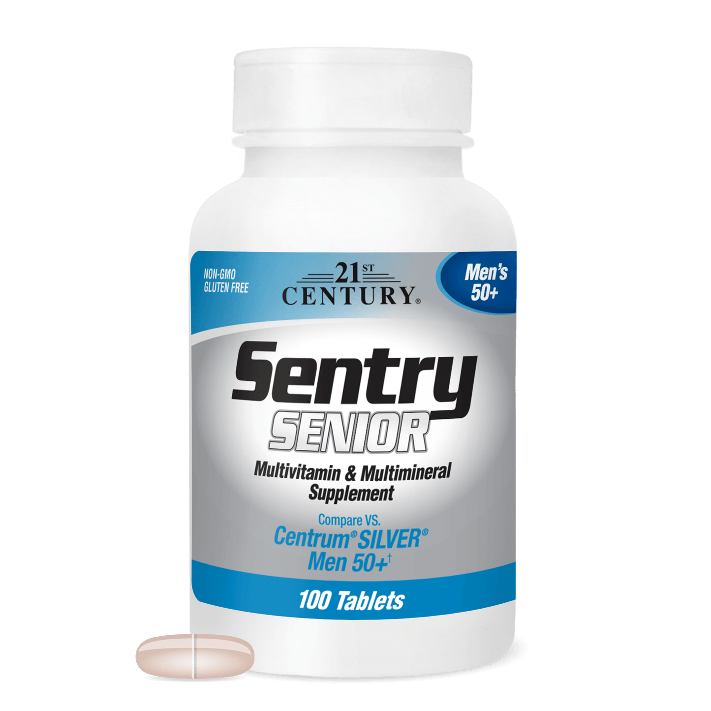 A bottle of 21st Century Sentry Senior Men's 50+ Multivitamin and Multimineral tablets with a senior men's multivitamin tablet in front.