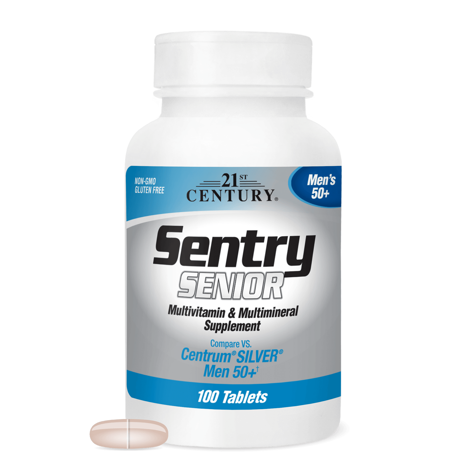 A bottle of 21st Century Sentry Senior Men's 50+ Multivitamin and Multimineral tablets with a senior men's multivitamin tablet in front.