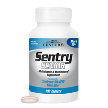 A bottle of 21st Century Sentry Senior Men's 50+ Multivitamin and Multimineral tablets with a senior men's multivitamin tablet in front.