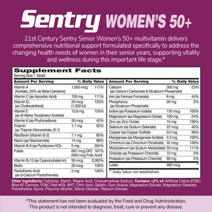 An image of Sentry Women's 50 plus supplement facts panel and the claim, 21st Century Sentry Senior Women's 50+ multivitamin delivers comprehensive nutritional support formulated specifically to address the changing health needs of women in their senior years, supporting vitality and wellness during this important life stage.