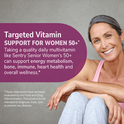 An image of a senior woman smiling with the claims targeted vitamin support for women 50+, taking a quality daily multivitamin like sentry senior women's 50+ can support energy metabolism, bone, immune, heart health and overall wellness.
