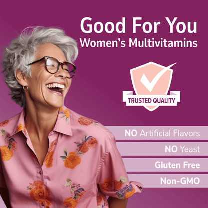 An image of a senior woman laughing, a quality seal, and the nutrient claims no artificial flavors, no yeast, gluten free and non-gmo.