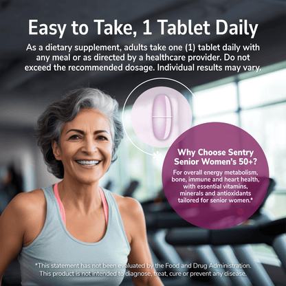 An image of an elderly woman at a gym, the claims why choose sentry senior women's 50+, for overall energy metabolism, bone, immune and heart health, with essential vitamins, minerals and antioxidants tailored for senior women, and the product directions.