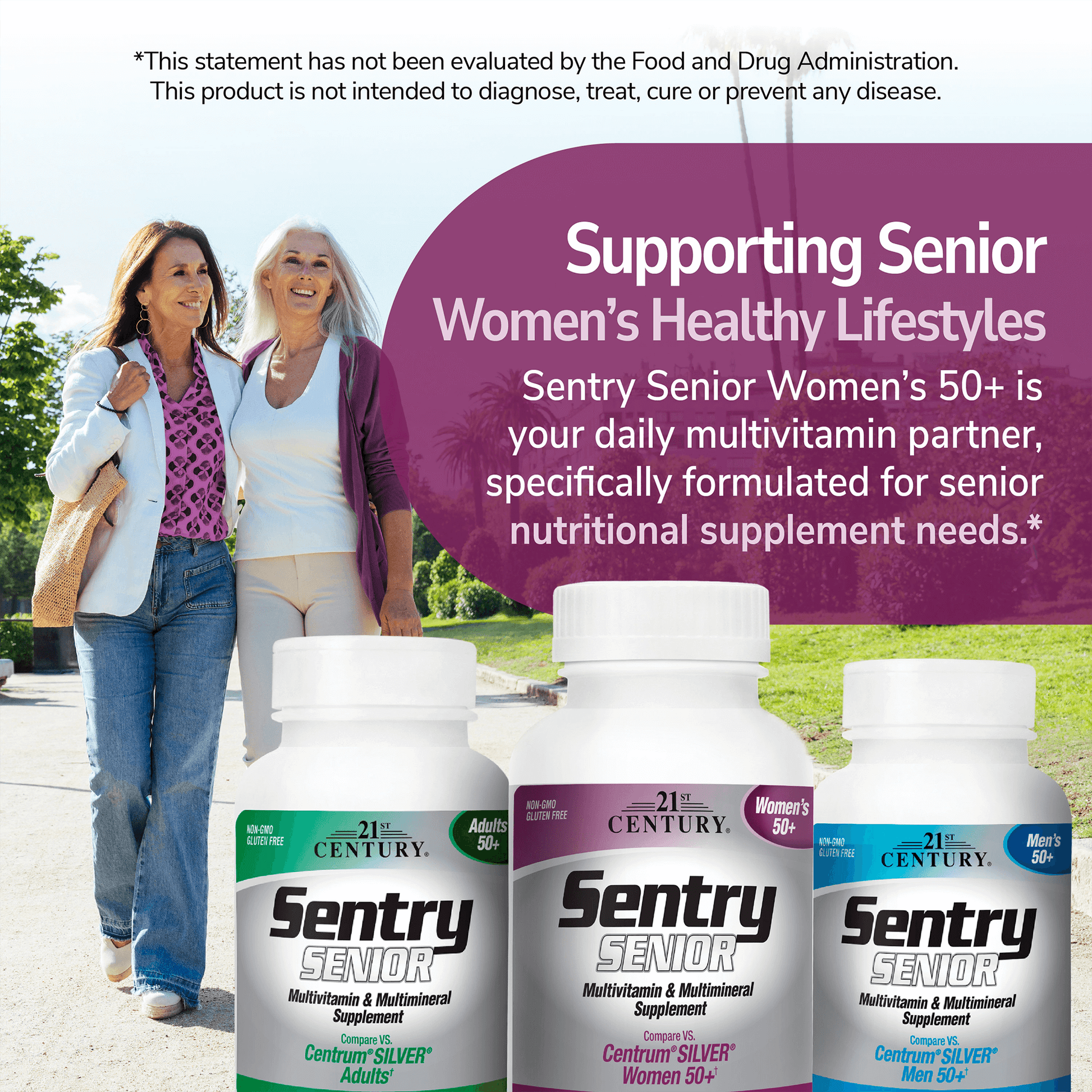 An image of two happy senior woman walking with their arms around each other outdoors, a bottle of sentry senior, sentry senior women's 50+ and sentry sentry senior men's 50+ and the claim supporting senior women's healthy lifestyles, sentry senior women's 50 is your daily multivitamin partner, specifically formulated for senior nutritional supplement needs.