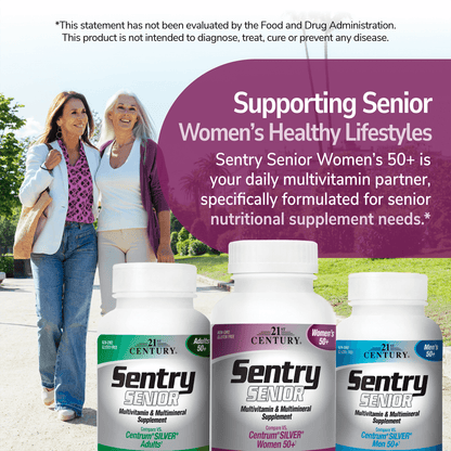 An image of two happy senior woman walking with their arms around each other outdoors, a bottle of sentry senior, sentry senior women's 50+ and sentry sentry senior men's 50+ and the claim supporting senior women's healthy lifestyles, sentry senior women's 50 is your daily multivitamin partner, specifically formulated for senior nutritional supplement needs.
