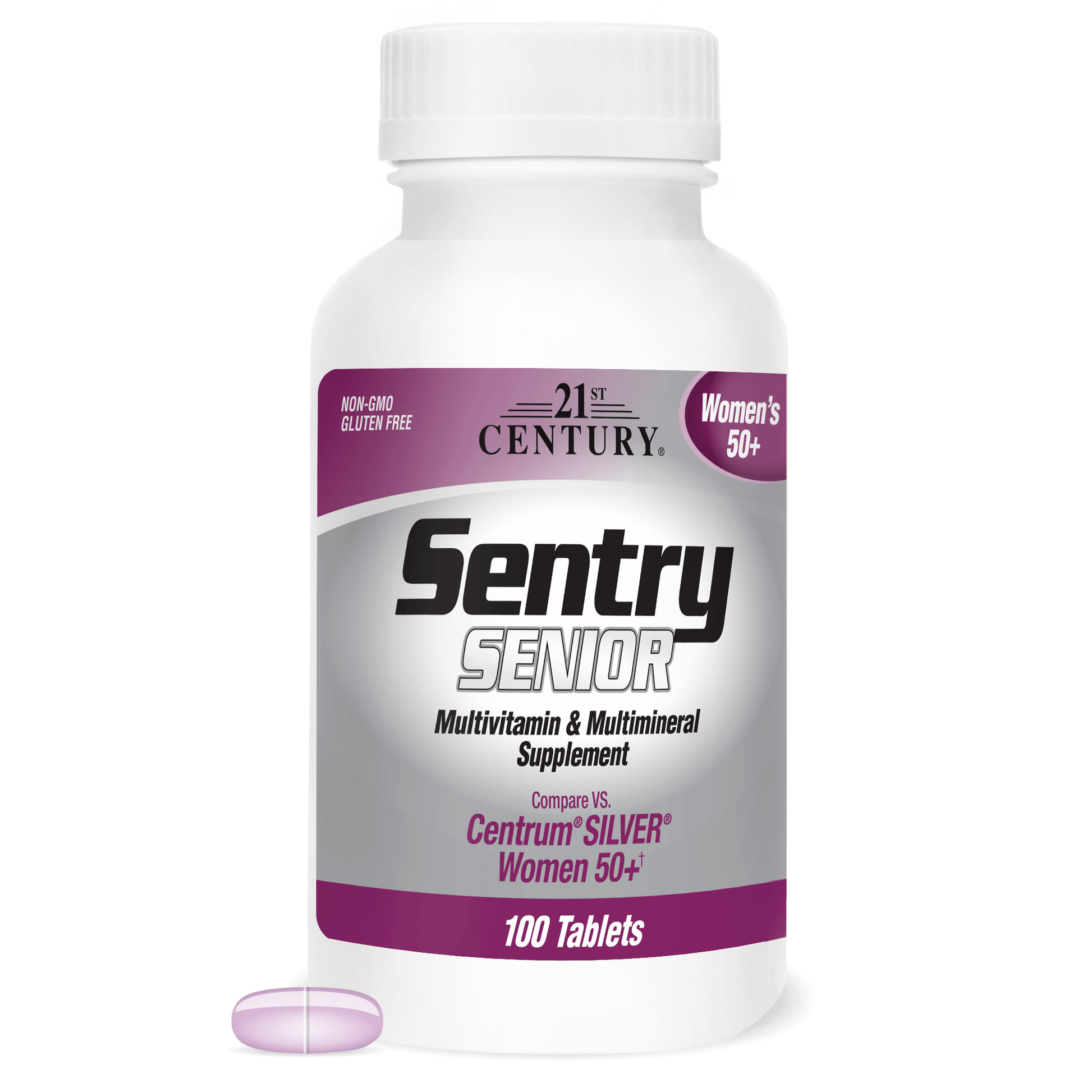 A bottle of 21st Century Sentry Senior Women's 50+ Multivitamin and Multimineral tablets with a multivitamin tablet in front.