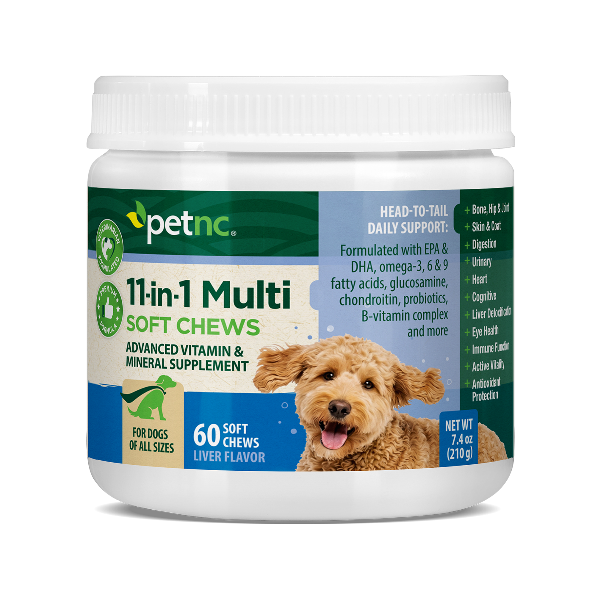 A white plastic jar of petnc 11-in-1 Multi Soft Chews for dogs, featuring a label with a brown dog photo, green and blue text, and a white ribbed cap on a white background.