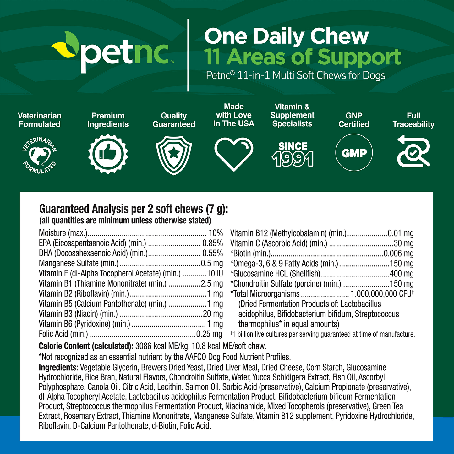 Guaranteed analysis label for Petnc 11 in 1 soft chews with ingredient list and serving size on a green background with quality image icons