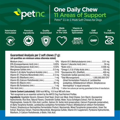 Guaranteed analysis label for Petnc 11 in 1 soft chews with ingredient list and serving size on a green background with quality image icons