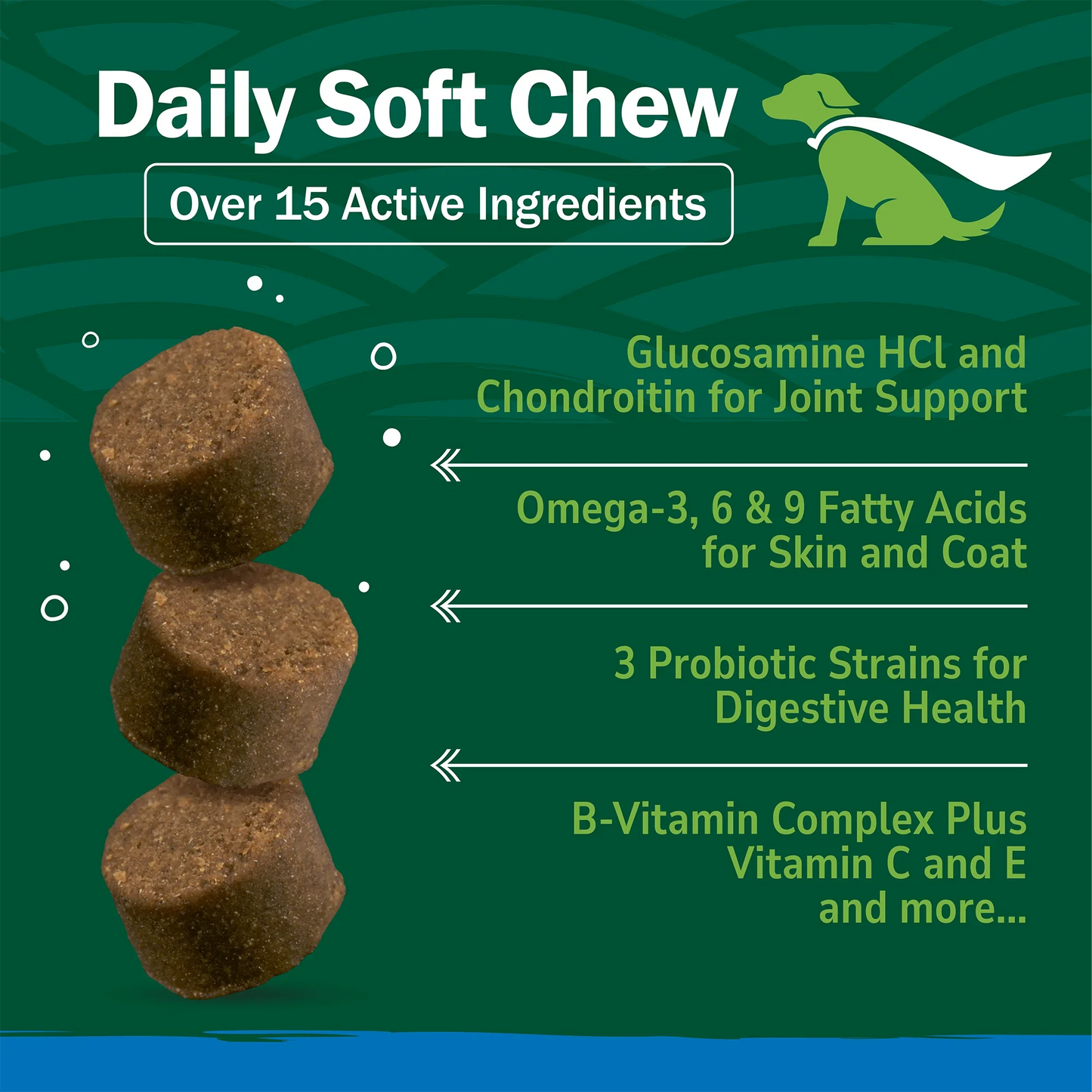 Petnc 11 in 1 Multi soft chews with soft chews stacked and white text on a green background