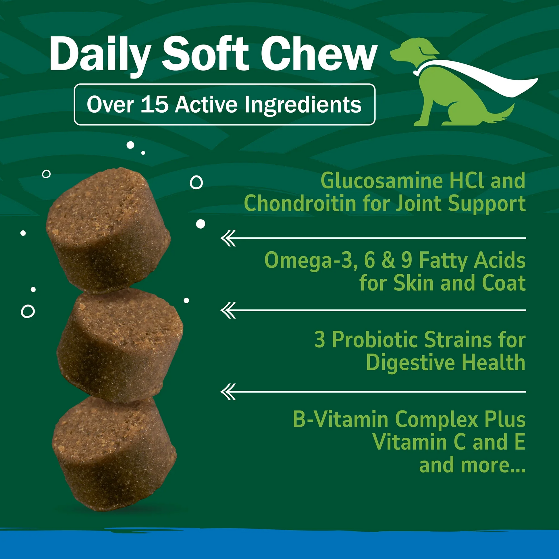 Petnc 11 in 1 Multi soft chews with soft chews stacked and white text on a green background