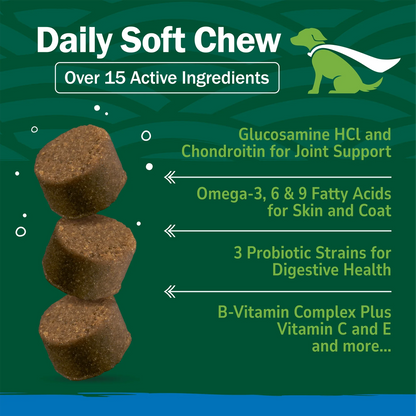 Petnc 11 in 1 Multi soft chews with soft chews stacked and white text on a green background