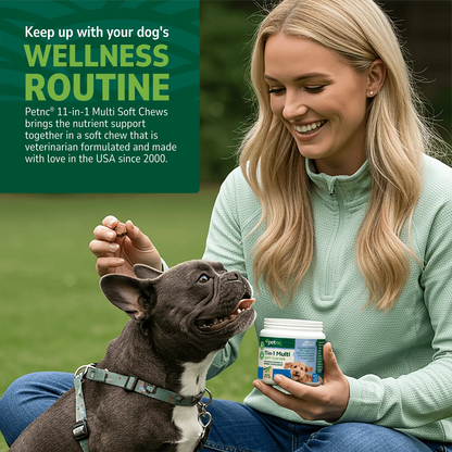 Woman in park with her dog and health supplement information overlay