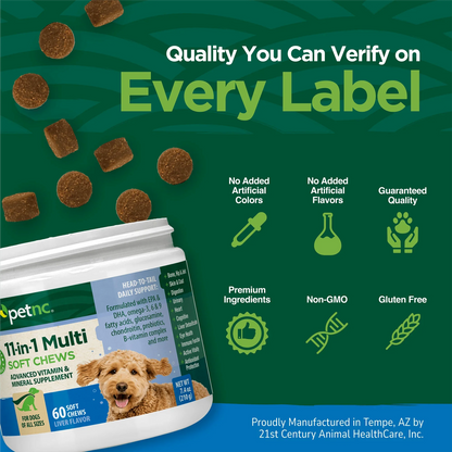 Quality you can verify on every label branding on a green background and no added info with product tub and soft chews spilling out