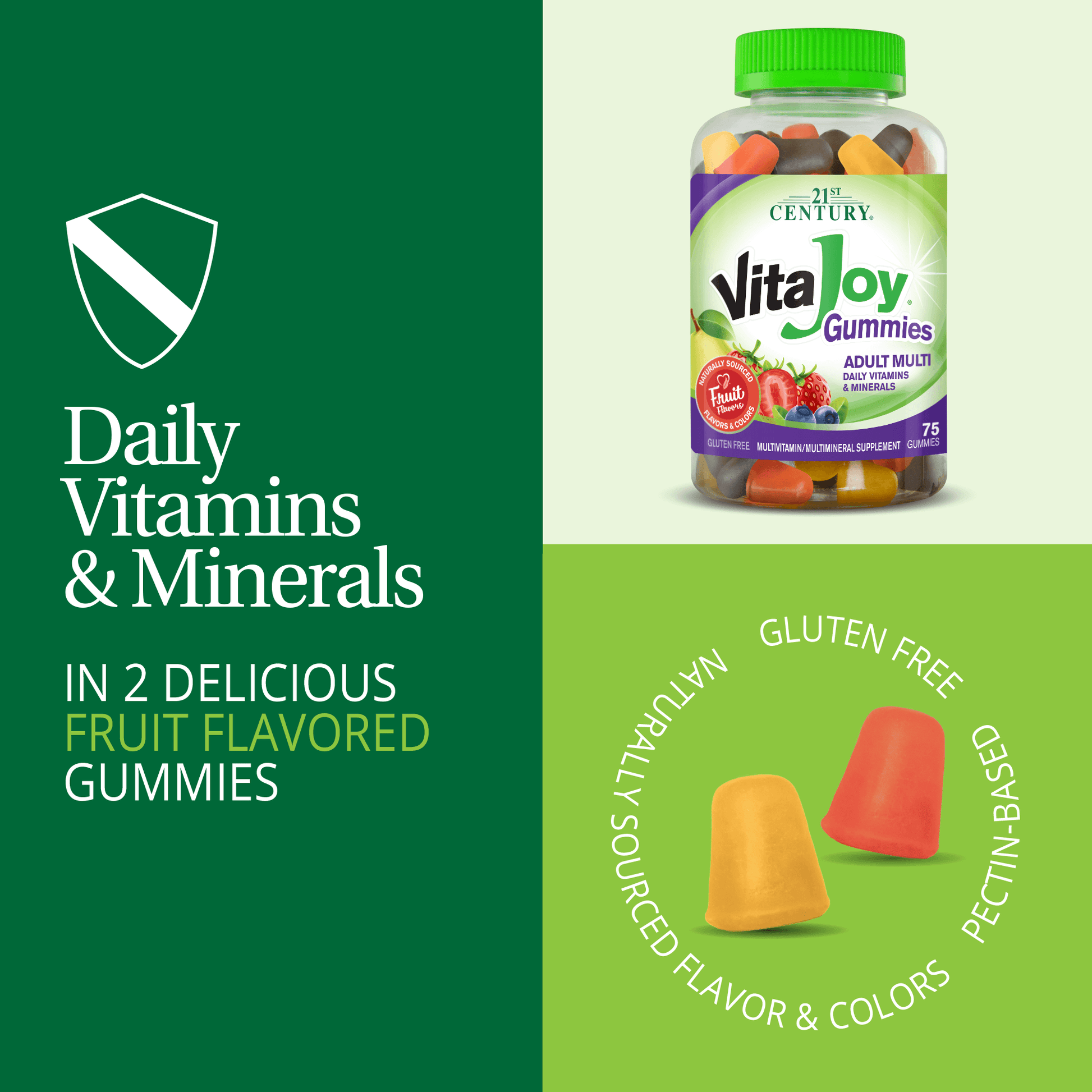 A graphic image with A bottle of 21st Century Adult Multi gummies, two gummies, immune support icon graphic and the words daily vitamins and minerals, in 2 delicious fruit flavored gummies.