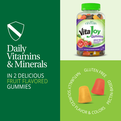 A graphic image with A bottle of 21st Century Adult Multi gummies, two gummies, immune support icon graphic and the words daily vitamins and minerals, in 2 delicious fruit flavored gummies.