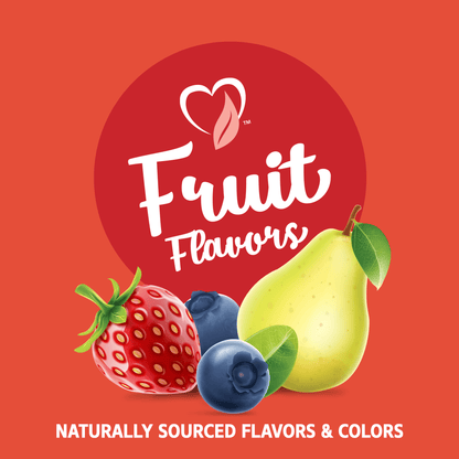 A graphic icon with a strawberry, two blueberries and a pear with the words fruit flavors, naturally sourced flavors and colors.