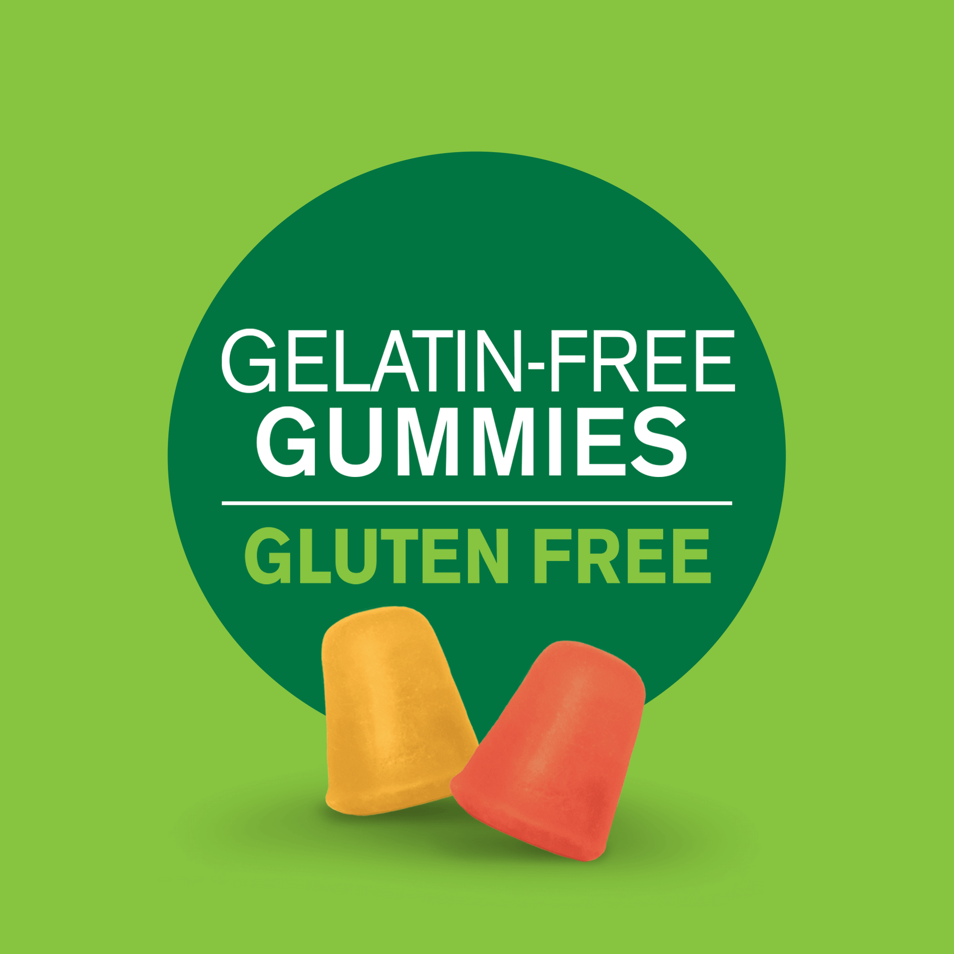 A graphic image with two VitaJoy Adult Multi gummies and the words gelatin free gummies and gluten free.