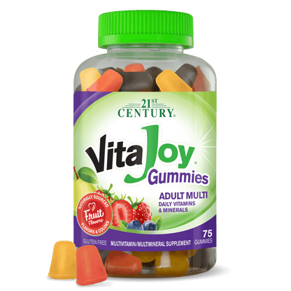 A bottle of 21st Century VitaJoy Adult Multi gummies with two multivitamin gummies in front.