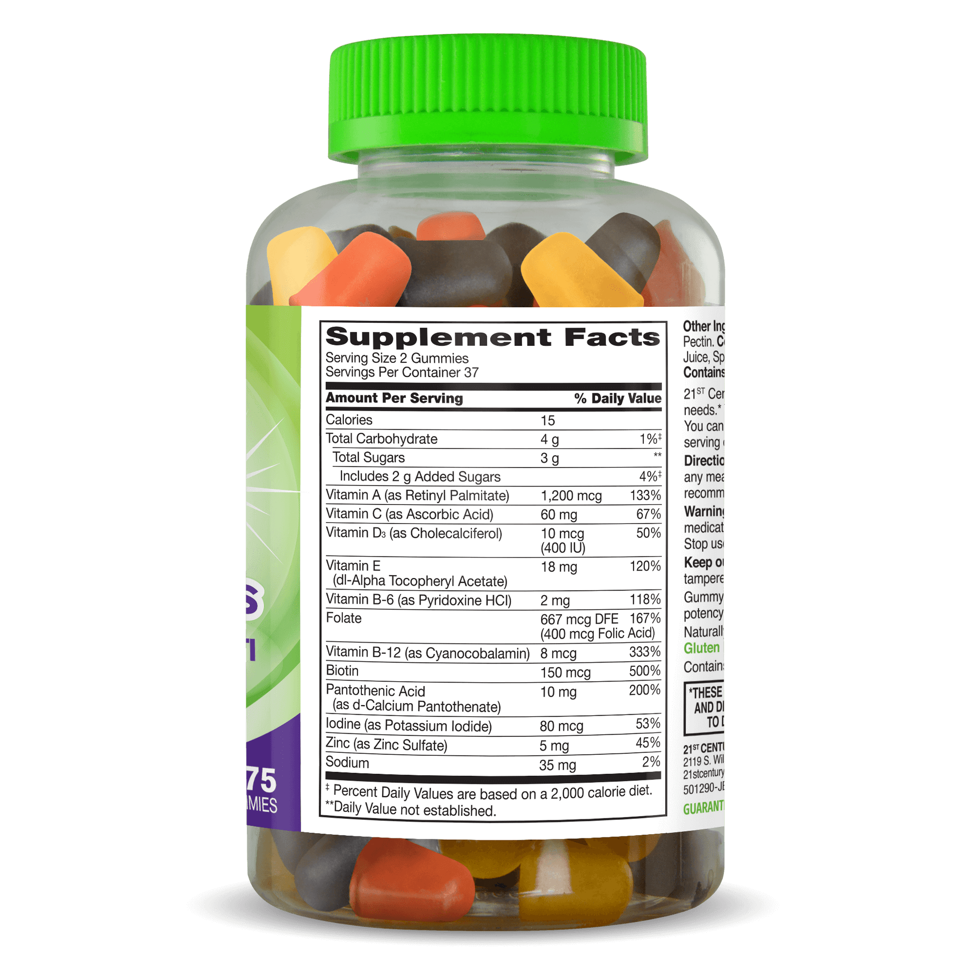 Left side bottle view of 21st Century VitaJoy Adult Multi gummies with two multivitamin gummies in front.