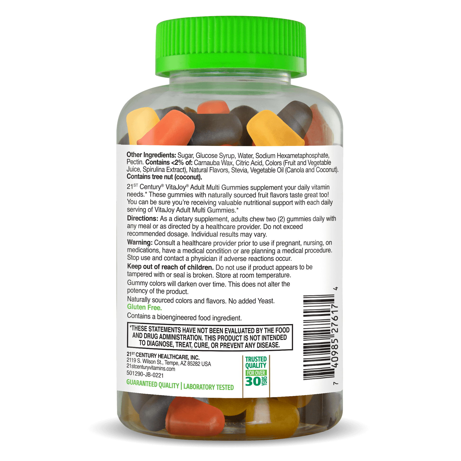 Right side bottle view of 21st Century VitaJoy Adult Multi gummies with two multivitamin gummies in front.