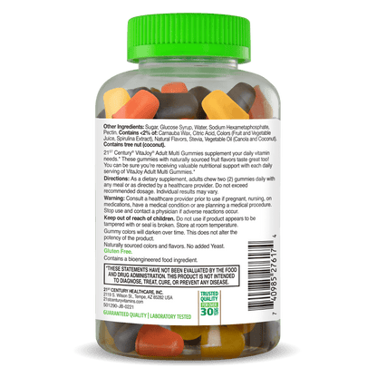 Right side bottle view of 21st Century VitaJoy Adult Multi gummies with two multivitamin gummies in front.