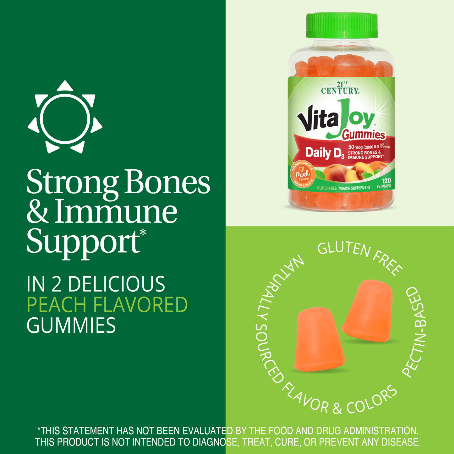 A graphic image with A bottle of 21st Century VitaJoy Daily D3 50 mcg gummies, two gummies, vitamin d3 icon graphic and the words strong bones and immune support, in 2 delicious peach flavored gummies.