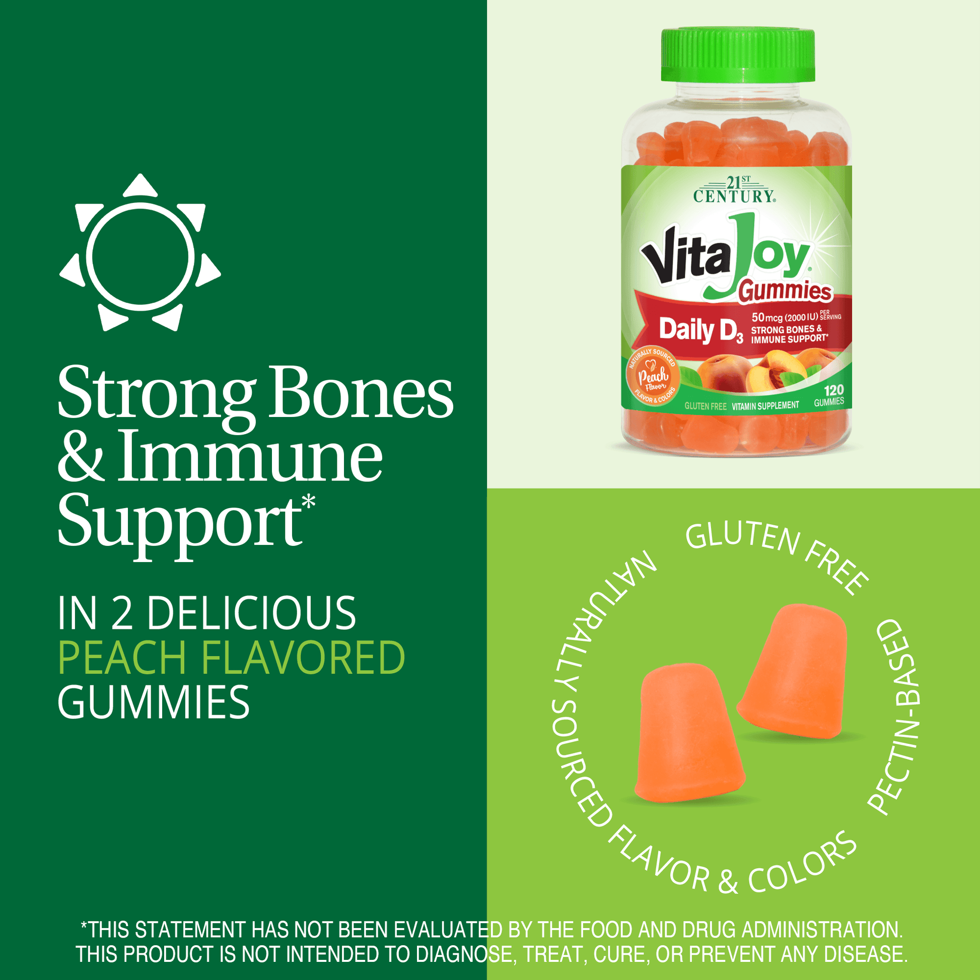 A graphic image with A bottle of 21st Century VitaJoy Daily D3 50 mcg gummies, two gummies, vitamin d3 icon graphic and the words strong bones and immune support, in 2 delicious peach flavored gummies.