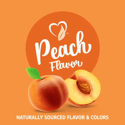 A graphic icon with a whole peach and half peach with the words peach flavor, naturally sourced flavor and colors.