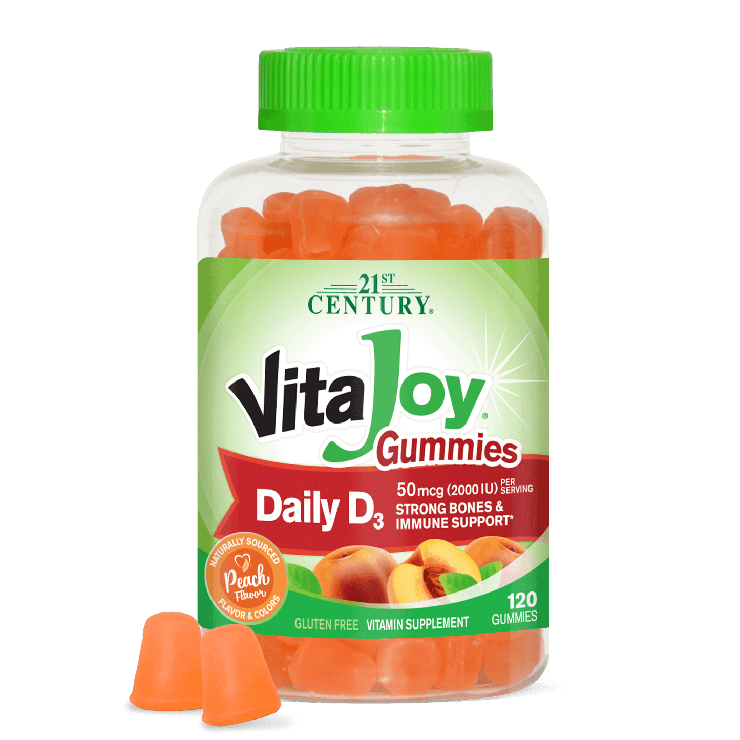 A bottle of 21st Century VitaJoy Daily D3 50 mcg gummies and two vitamin d3 gummies in front.