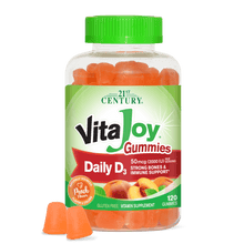 A bottle of 21st Century VitaJoy Daily D3 50 mcg gummies and two vitamin d3 gummies in front.