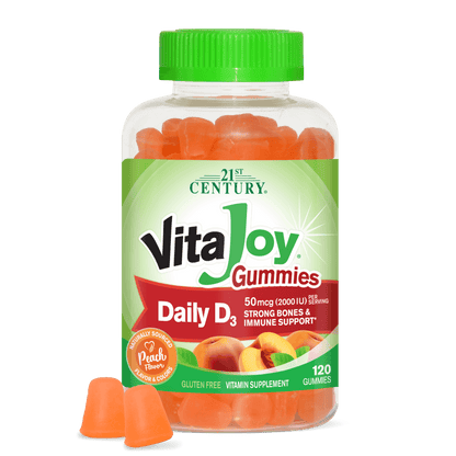 A bottle of 21st Century VitaJoy Daily D3 50 mcg gummies and two vitamin d3 gummies in front.