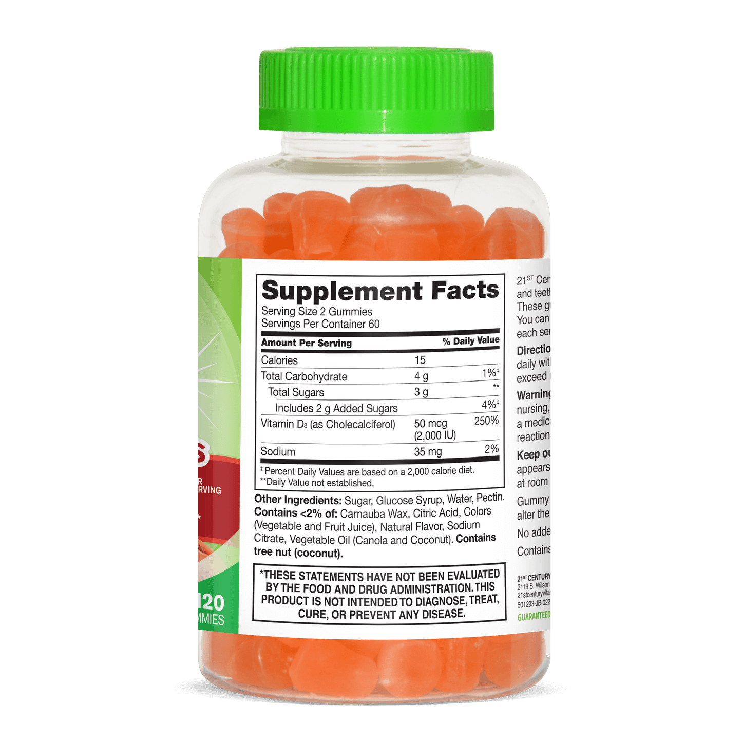 Left side bottle view of 21st Century VitaJoy Daily D3 50 mcg gummies.