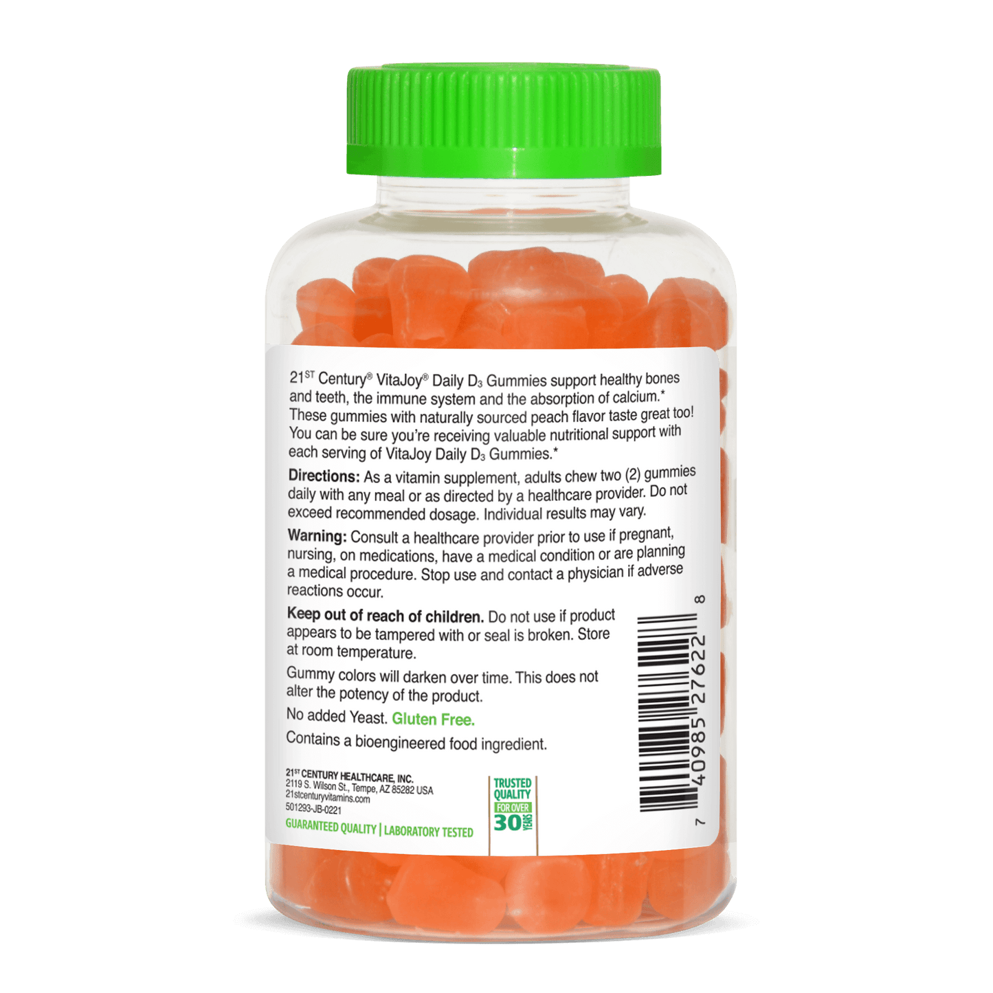 Right side bottle view of 21st Century VitaJoy Daily D3 50 mcg gummies.