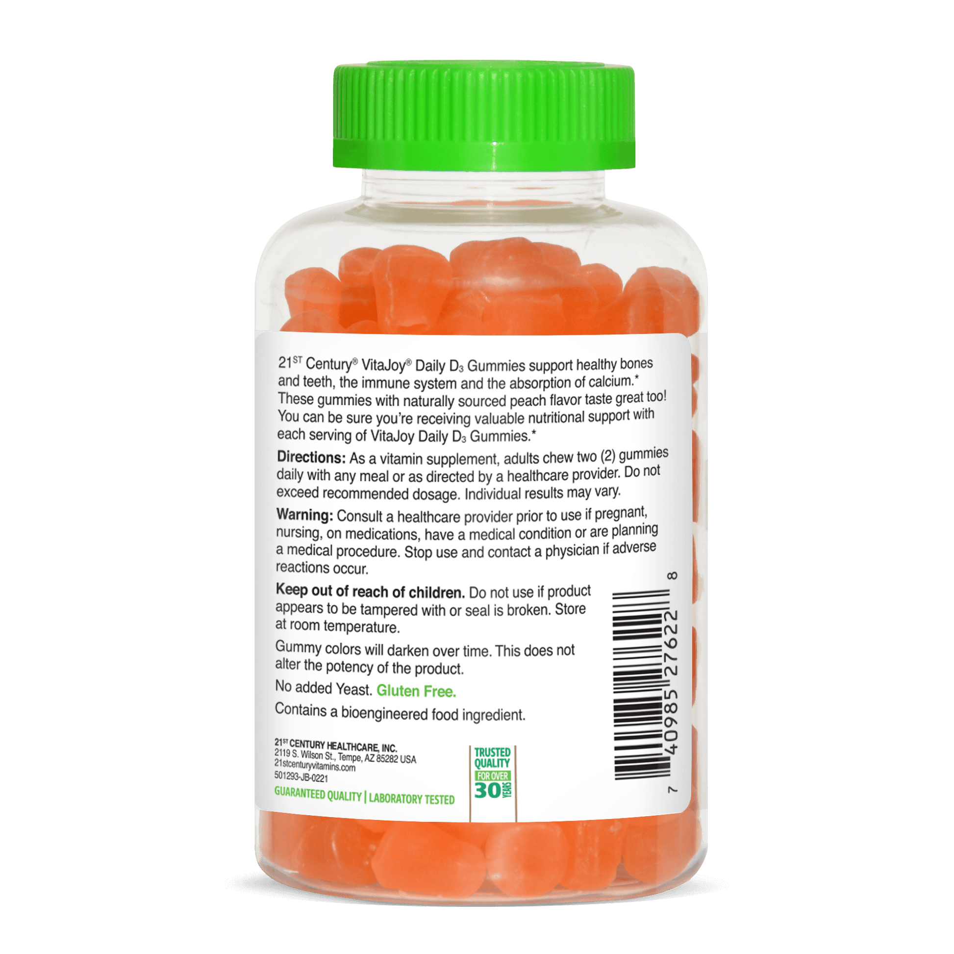 Right side bottle view of 21st Century VitaJoy Daily D3 50 mcg gummies.
